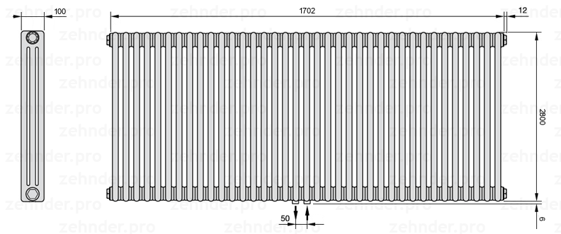 Схема (чертеж) Радиатор Zehnder Charleston 3280/37 №5410 Белый глянцевый RAL 9016